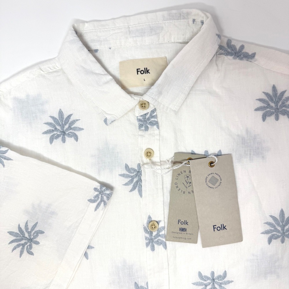 Folk Conway‎ SS Shirt Mens Large Embroidered Cotton Linen Palm Leaf NEW